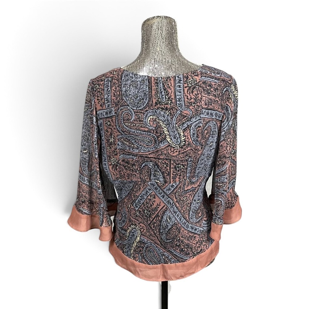 iCE 100% Silk Blouse Medium Paisley V-Neck 3/4 Bell Sleeve Y2K Whimsigoth - Picture 3 of 7
